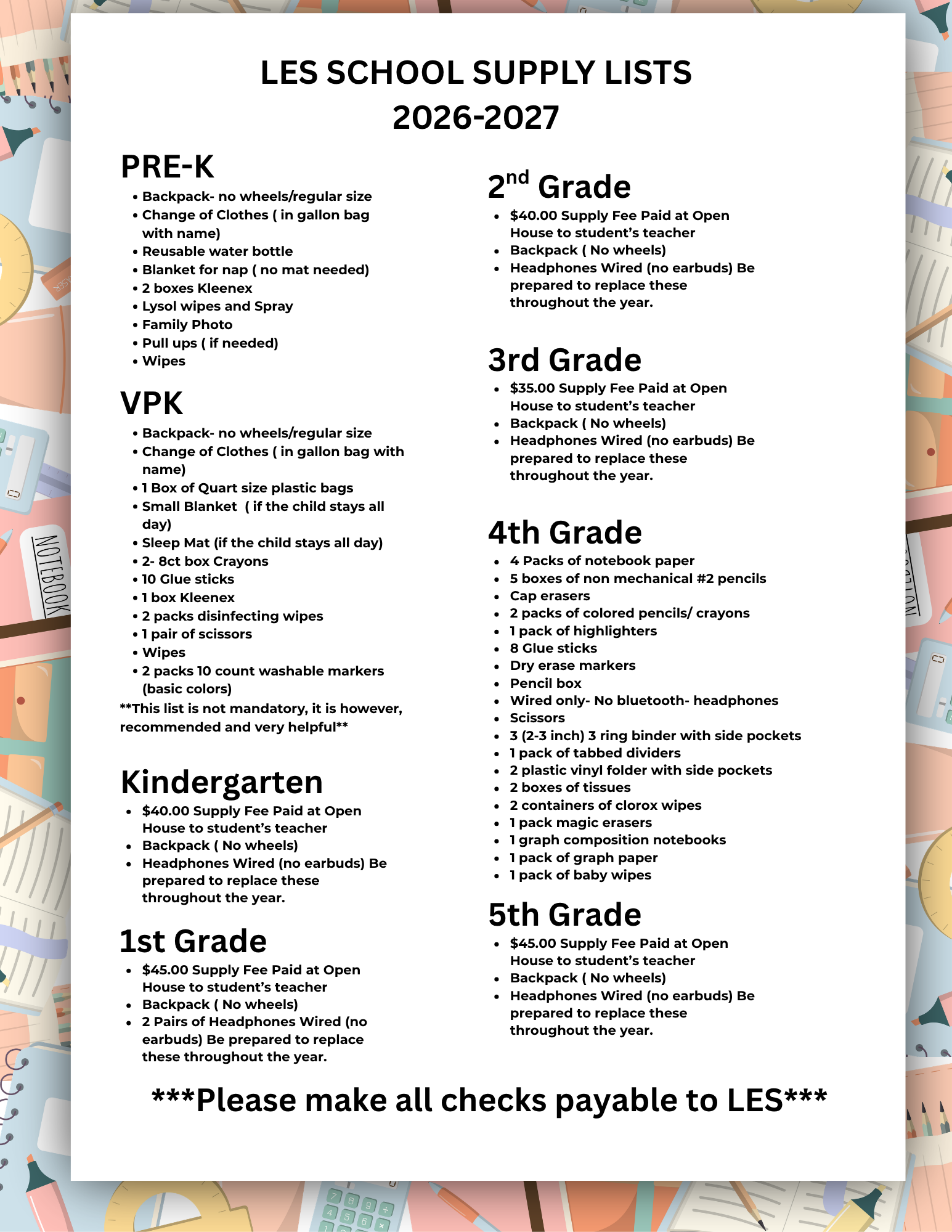 School Supplies List 2026-2027